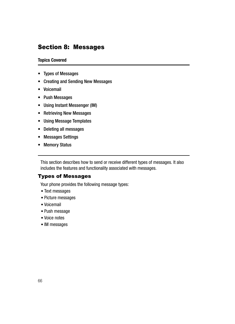 Section 8: messages, Types of messages | Samsung SGH-T639LSATMB User Manual | Page 67 / 162