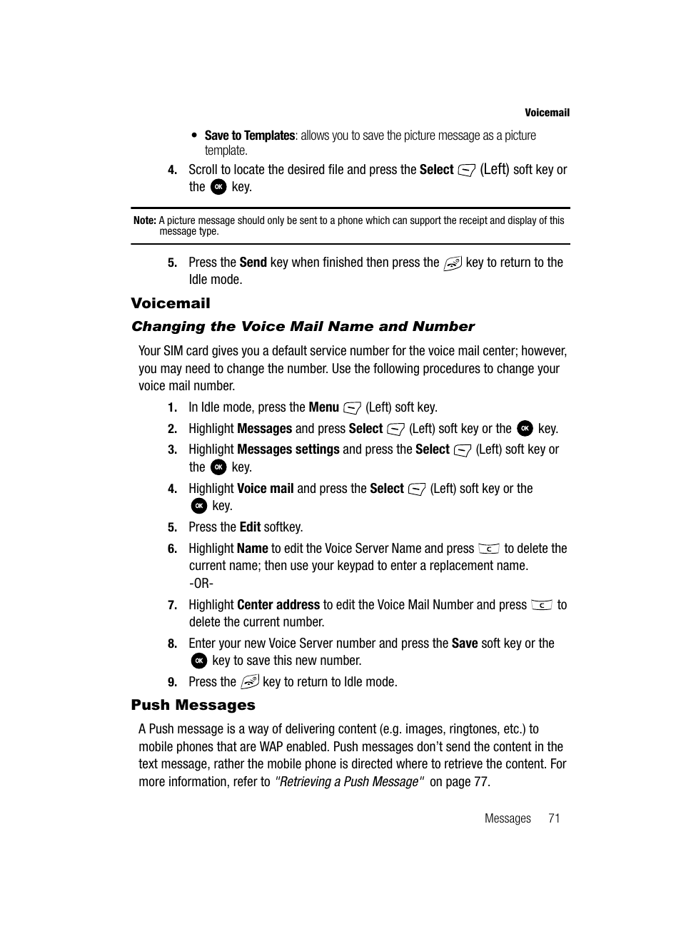 Voicemail push messages, Voicemail, Push messages | Samsung SGH-T639LSATMB User Manual | Page 72 / 162