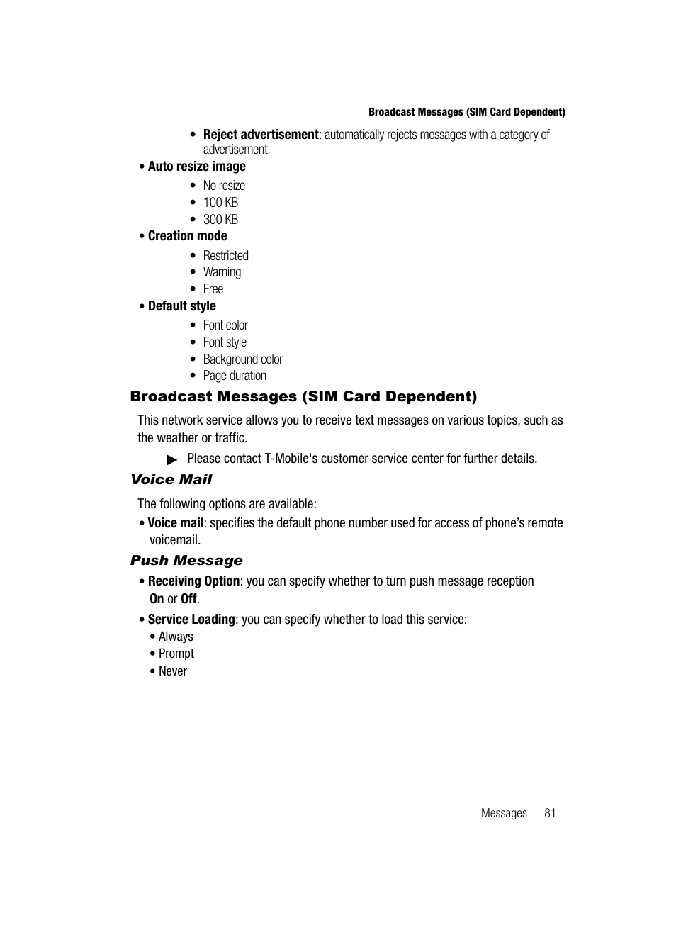 Broadcast messages (sim card dependent) | Samsung SGH-T639LSATMB User Manual | Page 82 / 162