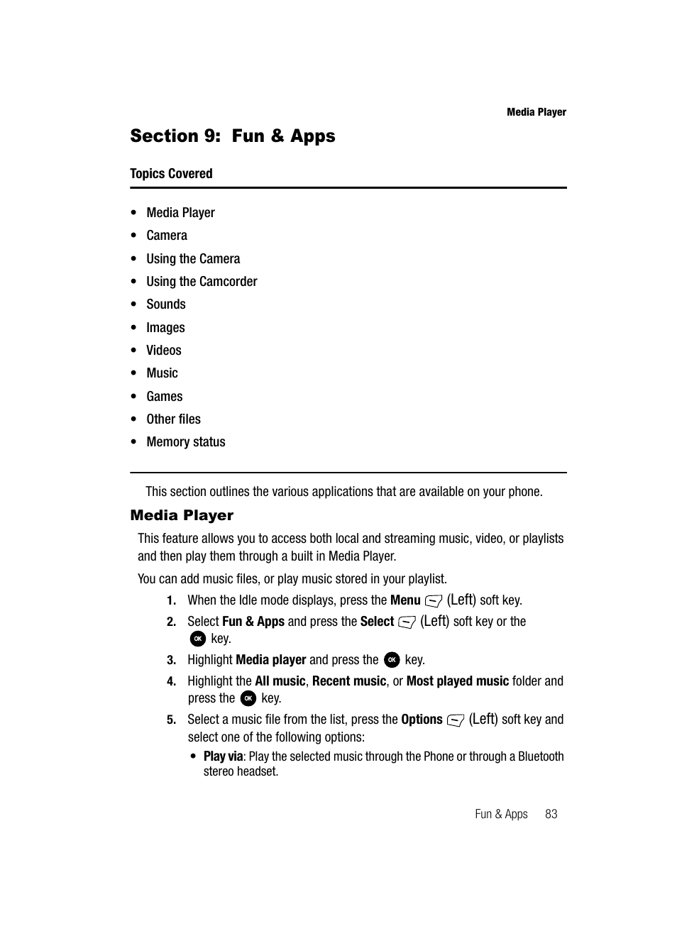 Section 9: fun & apps, Media player | Samsung SGH-T639LSATMB User Manual | Page 84 / 162