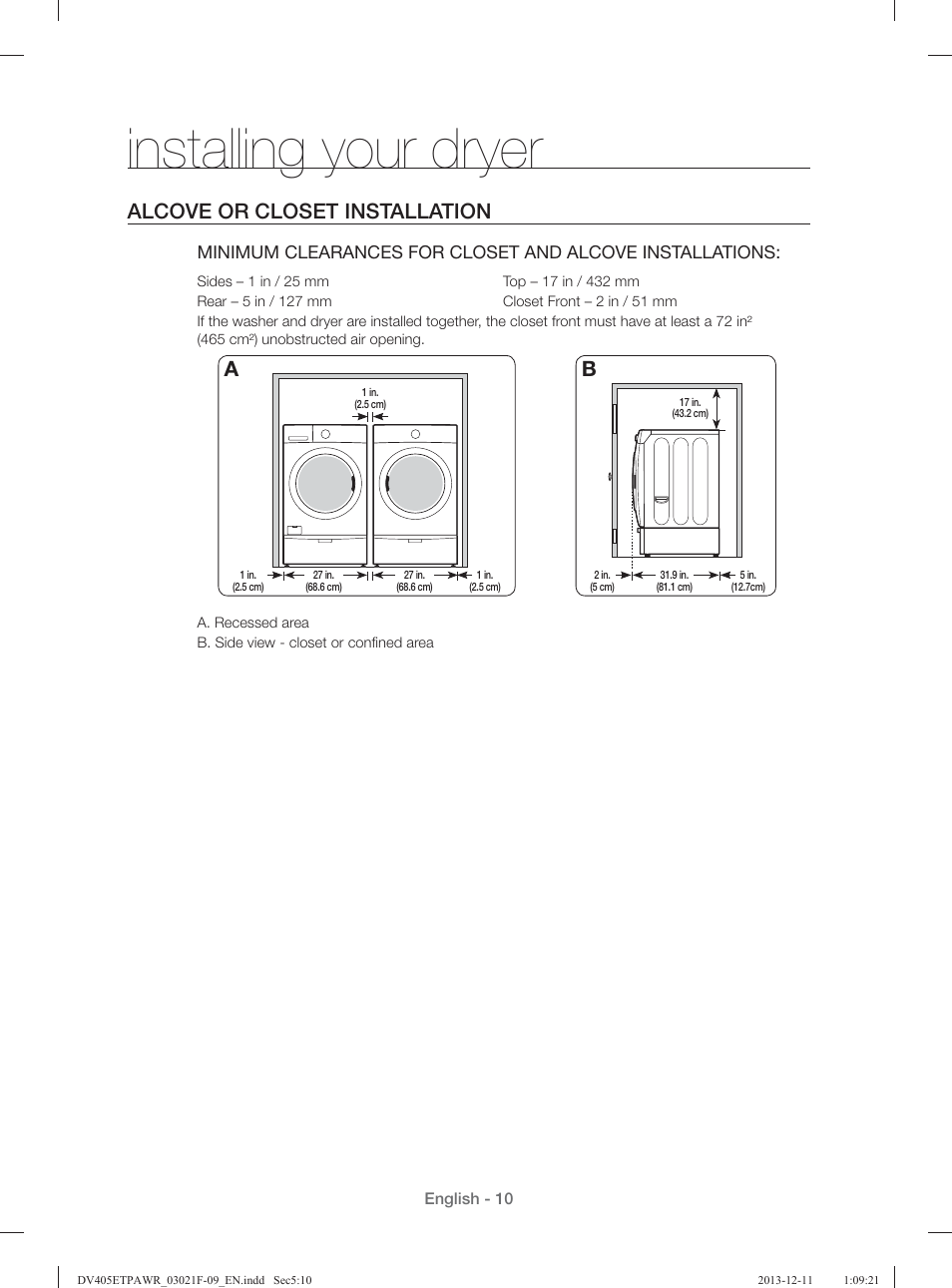 Installing your dryer, Alcove or closet installation | Samsung DV393GTPAWR-A1 User Manual | Page 10 / 136