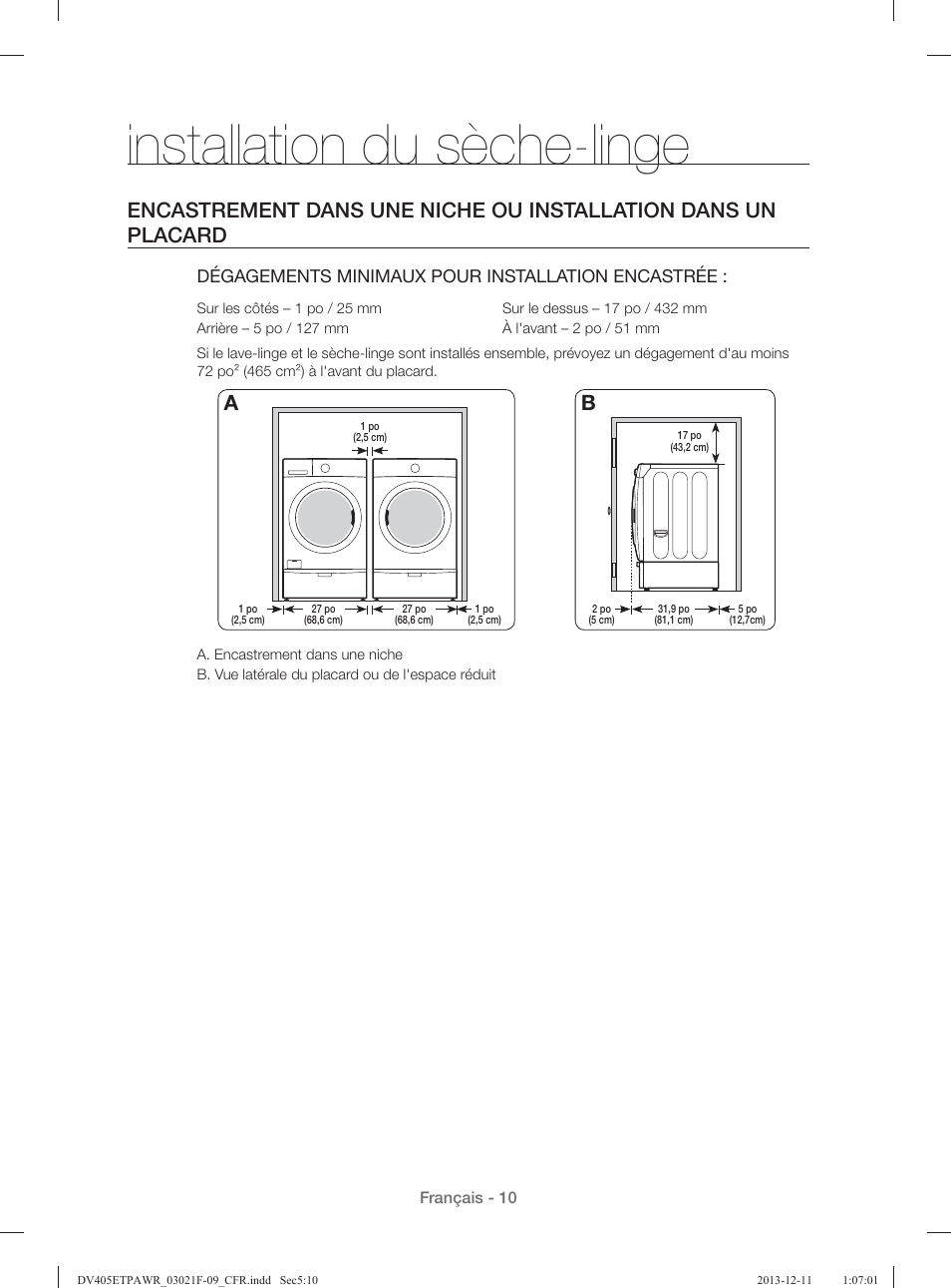 Installation du sèche-linge | Samsung DV393GTPAWR-A1 User Manual | Page 100 / 136