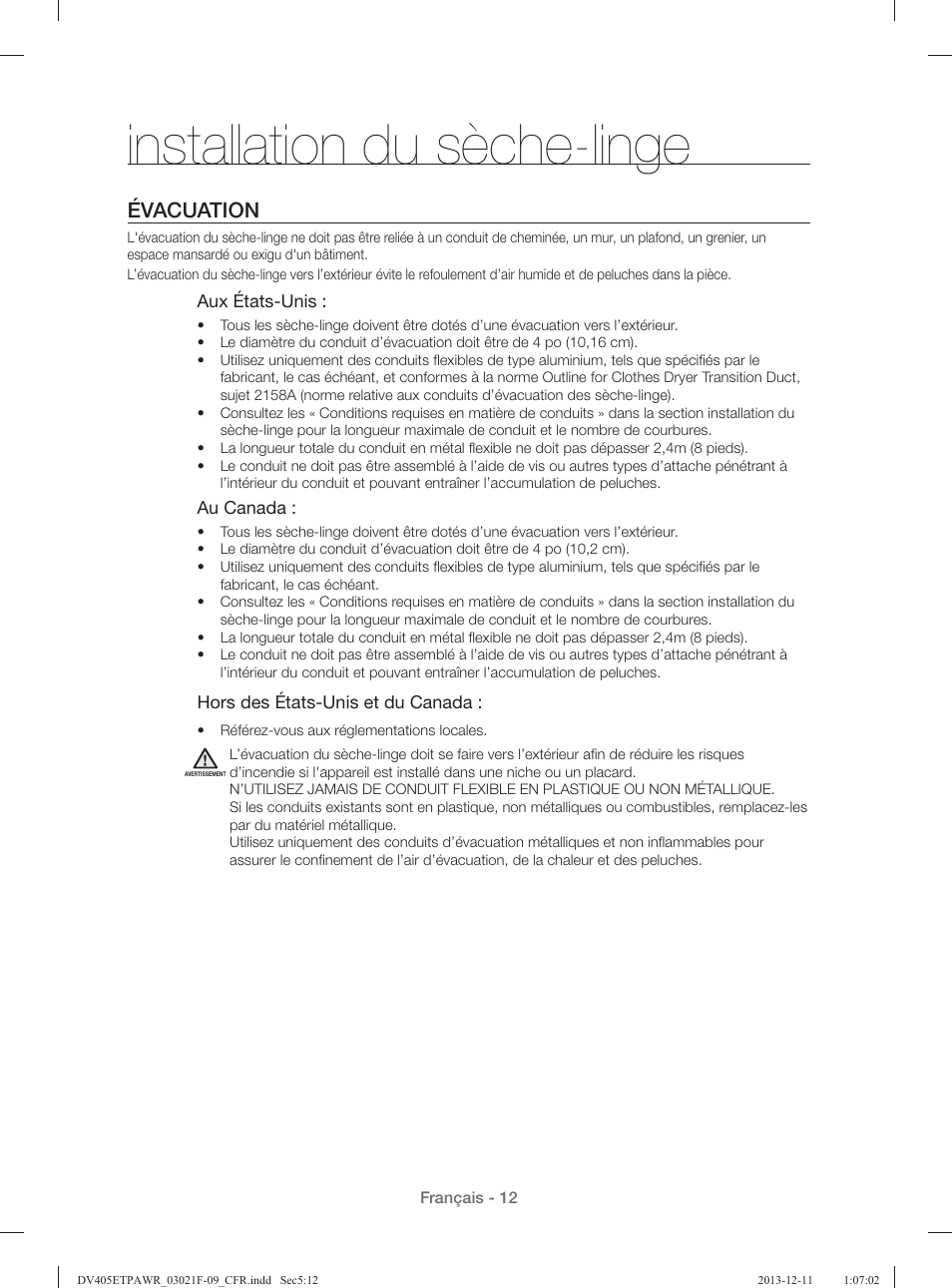 Installation du sèche-linge, Évacuation | Samsung DV393GTPAWR-A1 User Manual | Page 102 / 136