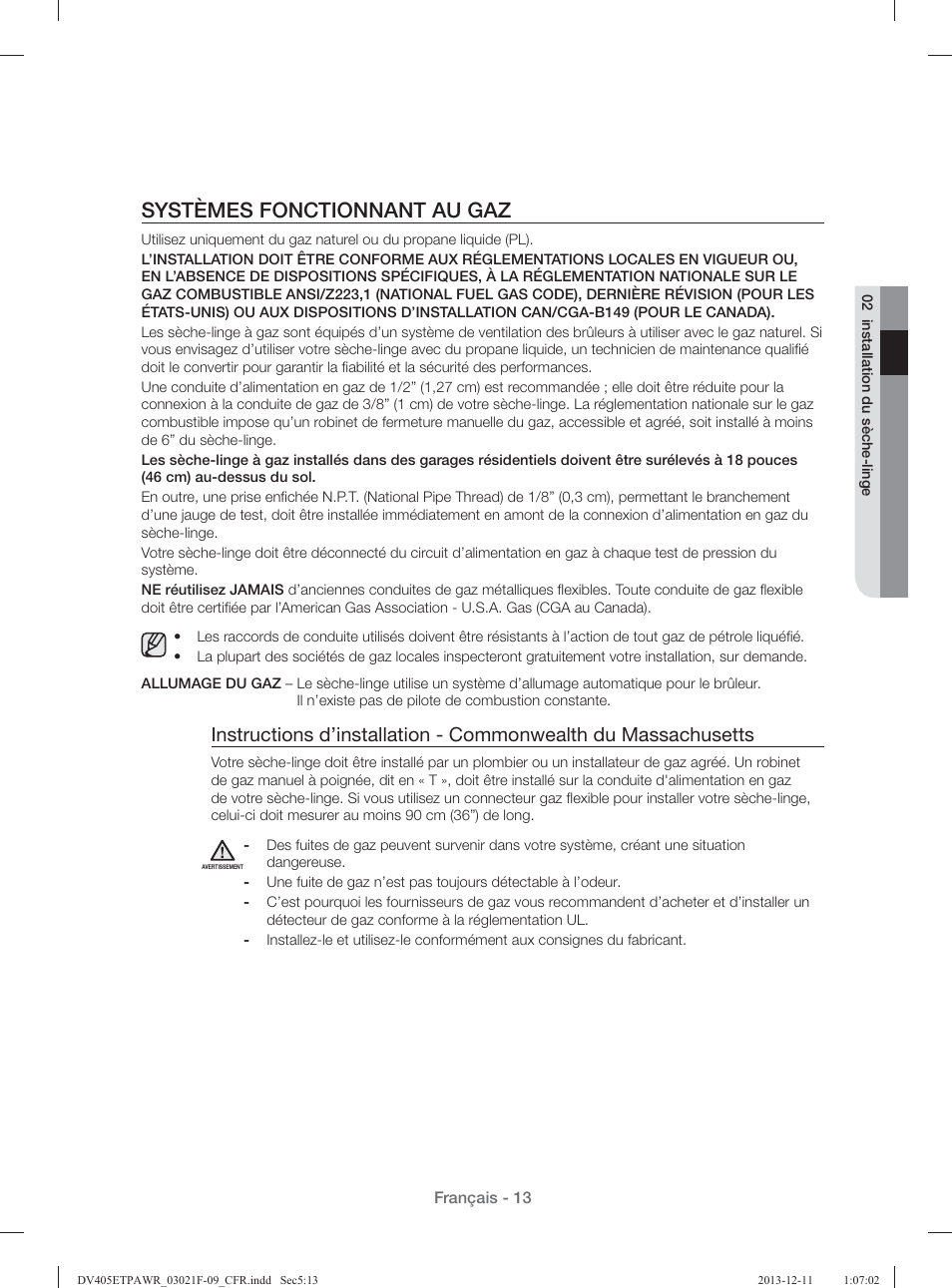 Systèmes fonctionnant au gaz | Samsung DV393GTPAWR-A1 User Manual | Page 103 / 136