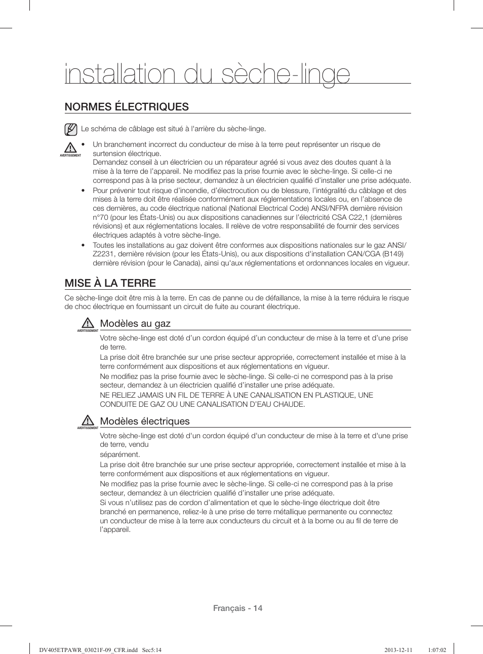 Installation du sèche-linge, Normes électriques, Mise à la terre | Modèles au gaz, Modèles électriques | Samsung DV393GTPAWR-A1 User Manual | Page 104 / 136