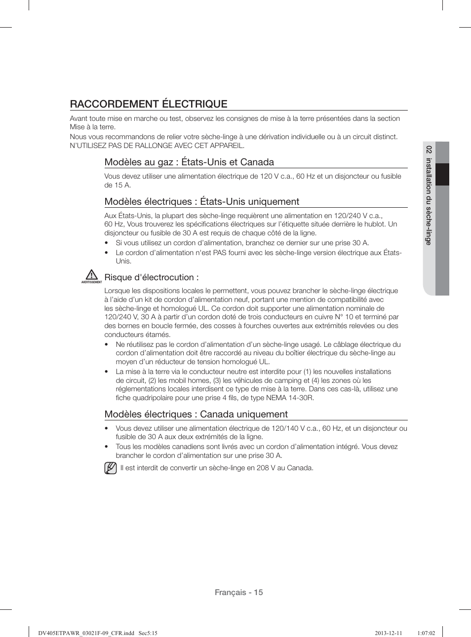 Raccordement électrique, Modèles au gaz : états-unis et canada, Modèles électriques : états-unis uniquement | Modèles électriques : canada uniquement | Samsung DV393GTPAWR-A1 User Manual | Page 105 / 136