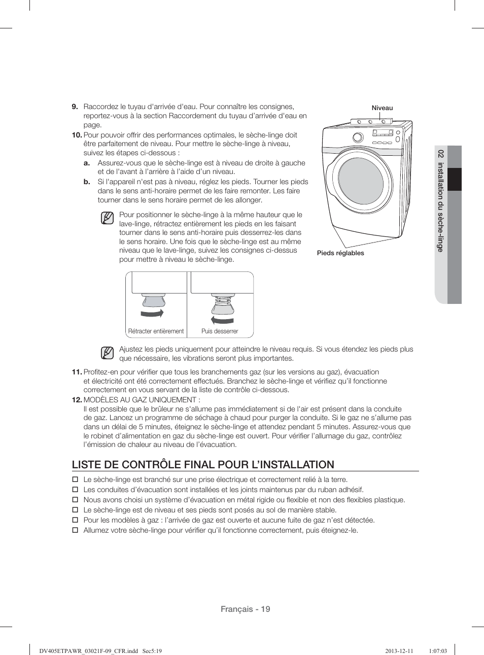 Liste de contrôle final pour l’installation | Samsung DV393GTPAWR-A1 User Manual | Page 109 / 136