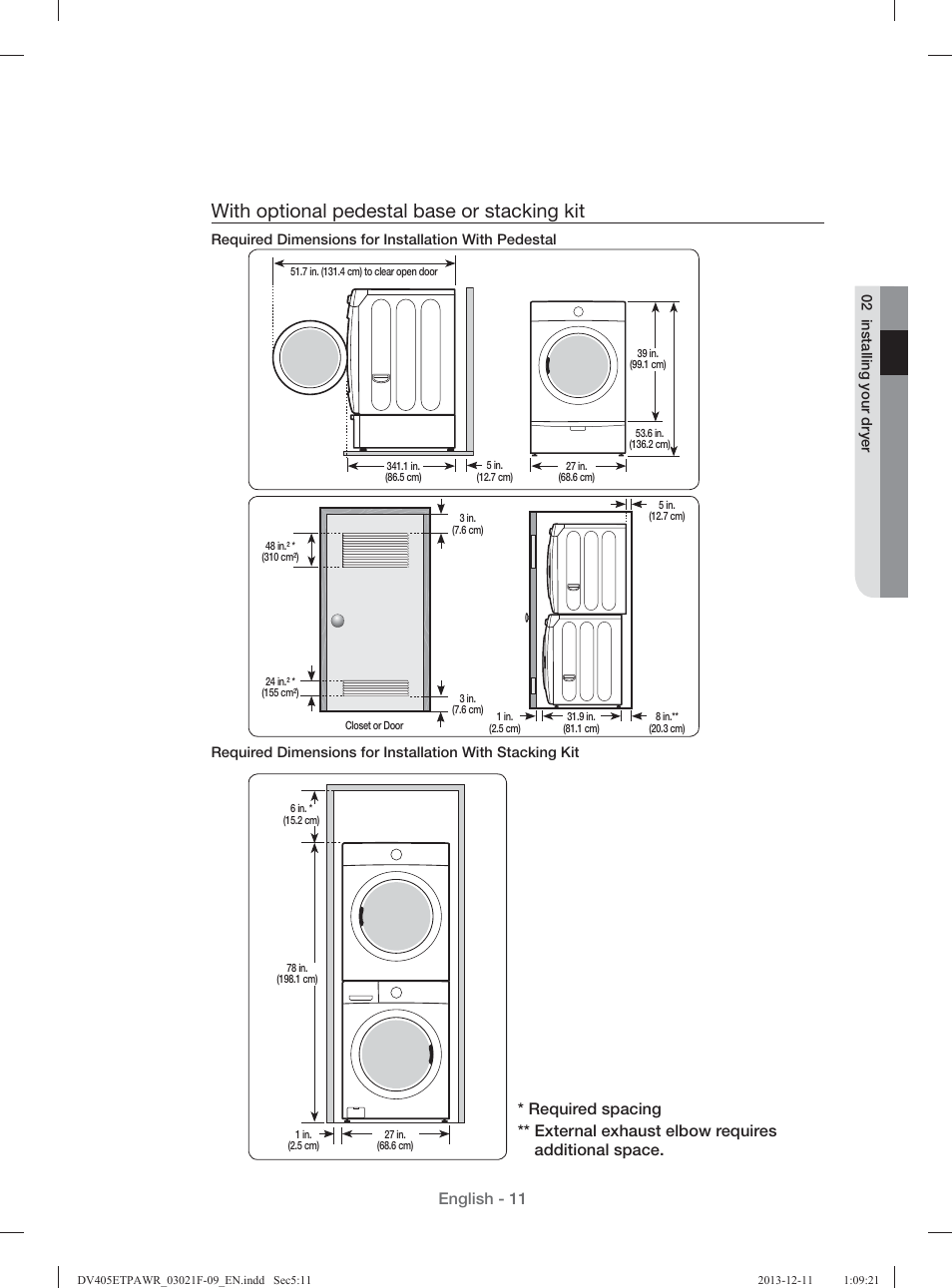 With optional pedestal base or stacking kit, English - 11 | Samsung DV393GTPAWR-A1 User Manual | Page 11 / 136