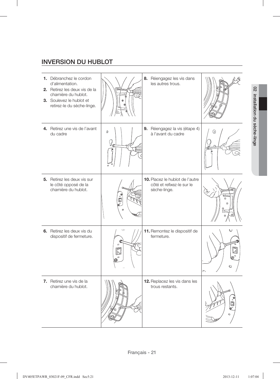 Inversion du hublot | Samsung DV393GTPAWR-A1 User Manual | Page 111 / 136