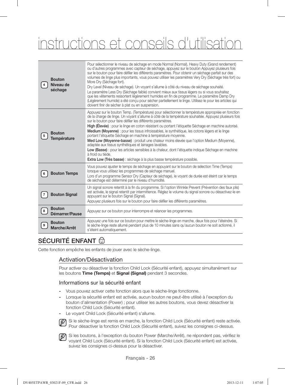 Instructions et conseils d’utilisation, Sécurité enfant, Activation/désactivation | Samsung DV393GTPAWR-A1 User Manual | Page 116 / 136