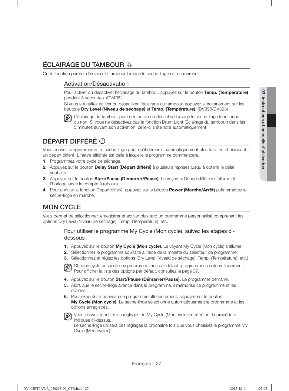 Éclairage du tambour, Départ différé, Mon cycle | Activation/désactivation | Samsung DV393GTPAWR-A1 User Manual | Page 117 / 136