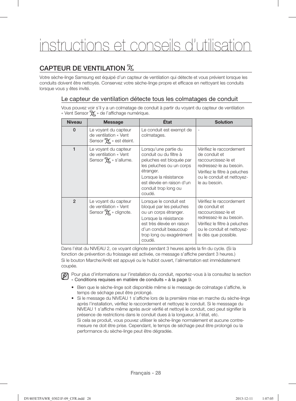 Instructions et conseils d’utilisation, Capteur de ventilation | Samsung DV393GTPAWR-A1 User Manual | Page 118 / 136