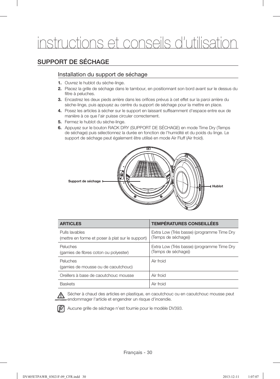 Instructions et conseils d’utilisation, Support de séchage, Installation du support de séchage | Samsung DV393GTPAWR-A1 User Manual | Page 120 / 136
