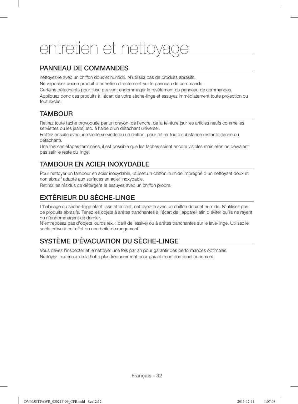 Entretien et nettoyage, Panneau de commandes, Tambour | Tambour en acier inoxydable, Extérieur du sèche-linge, Système d'évacuation du sèche-linge | Samsung DV393GTPAWR-A1 User Manual | Page 122 / 136