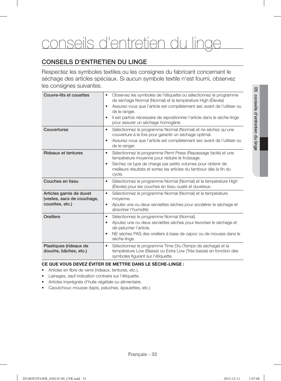 Conseils d'entretien du linge | Samsung DV393GTPAWR-A1 User Manual | Page 123 / 136