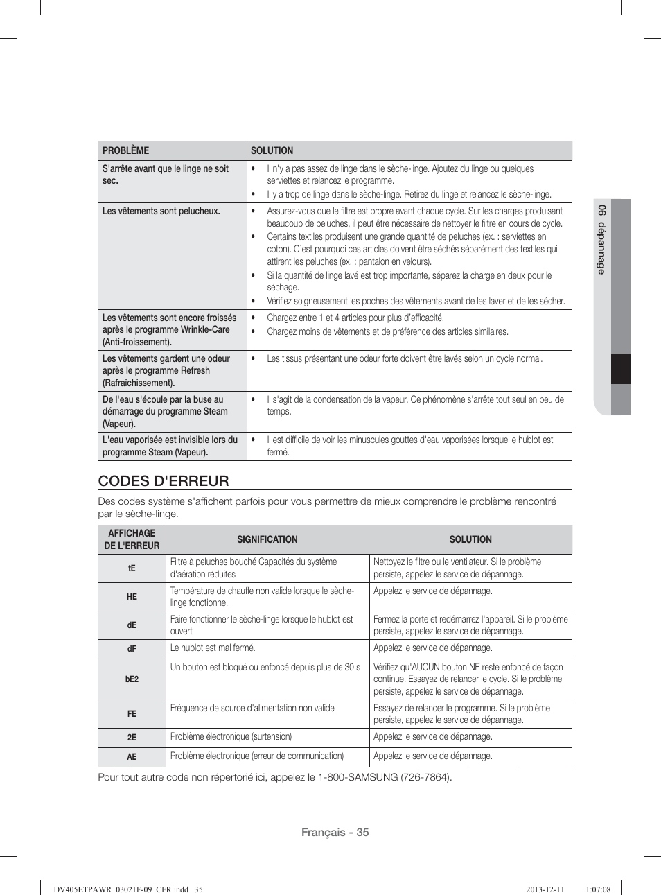 Codes d'erreur | Samsung DV393GTPAWR-A1 User Manual | Page 125 / 136