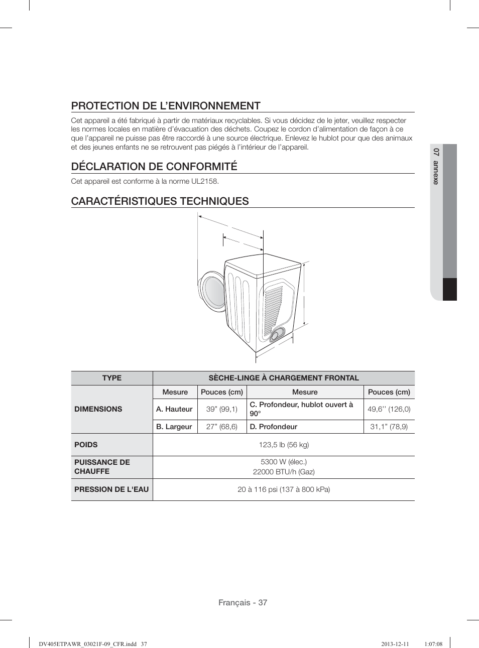 Protection de l’environnement, Déclaration de conformité, Caractéristiques techniques | Samsung DV393GTPAWR-A1 User Manual | Page 127 / 136