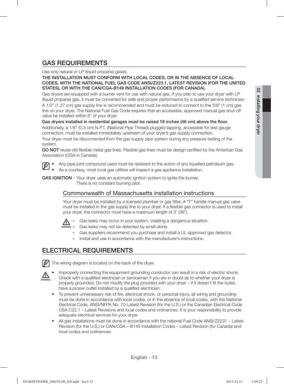 Gas requirements, Electrical requirements | Samsung DV393GTPAWR-A1 User Manual | Page 13 / 136