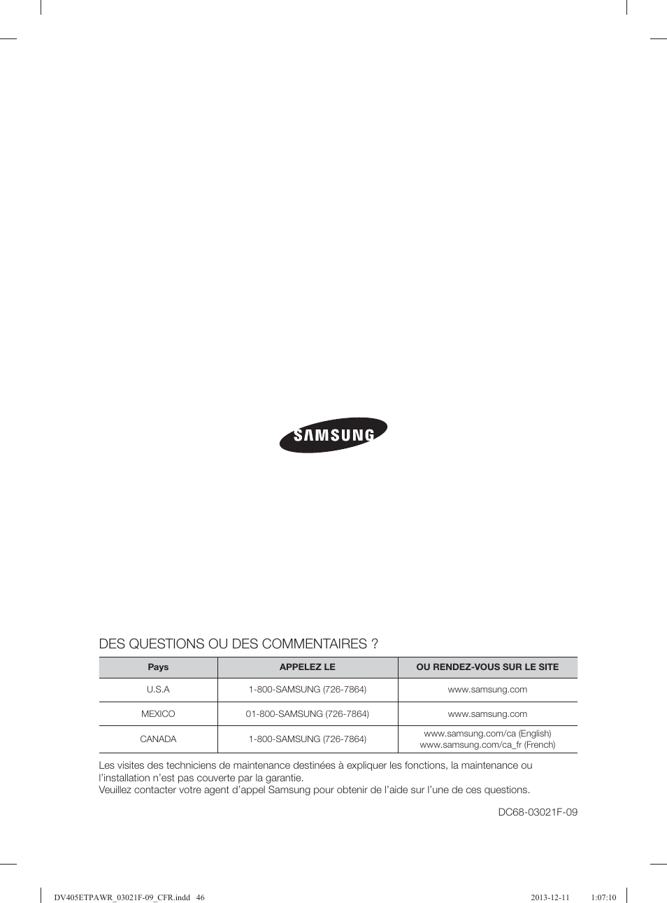 Des questions ou des commentaires | Samsung DV393GTPAWR-A1 User Manual | Page 136 / 136