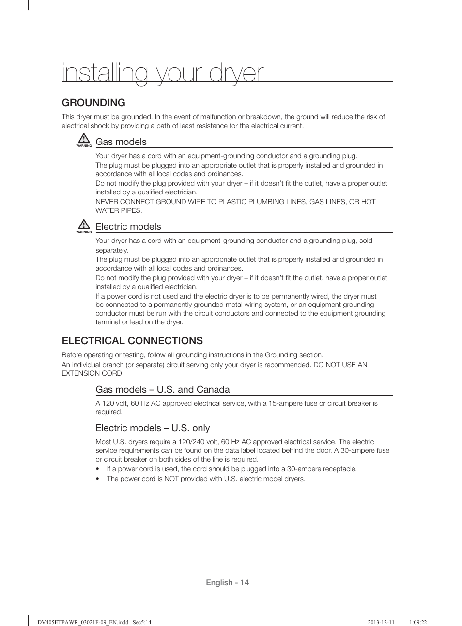 Installing your dryer, Grounding, Electrical connections | Samsung DV393GTPAWR-A1 User Manual | Page 14 / 136