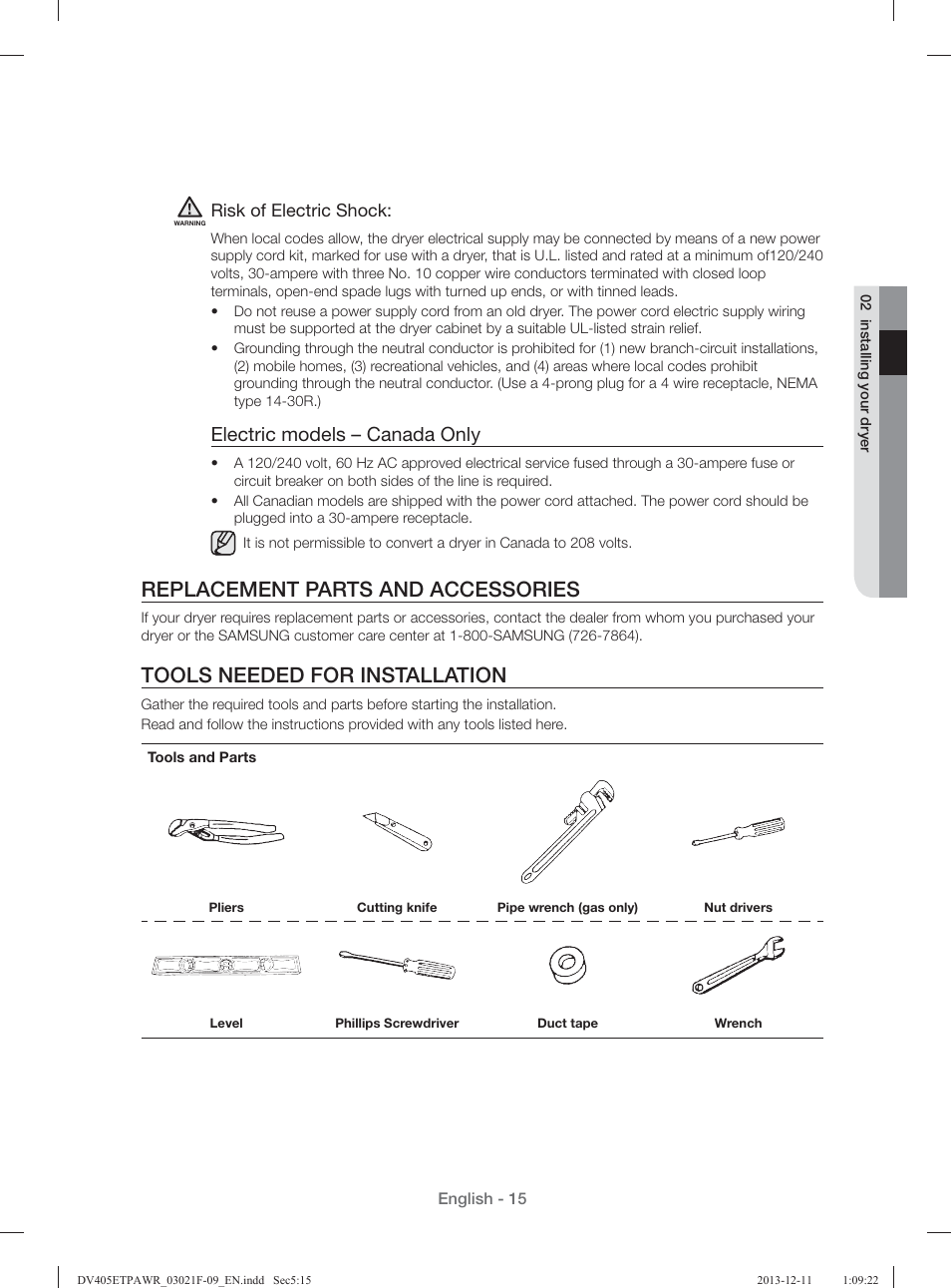 Replacement parts and accessories, Tools needed for installation, Electric models – canada only | Samsung DV393GTPAWR-A1 User Manual | Page 15 / 136