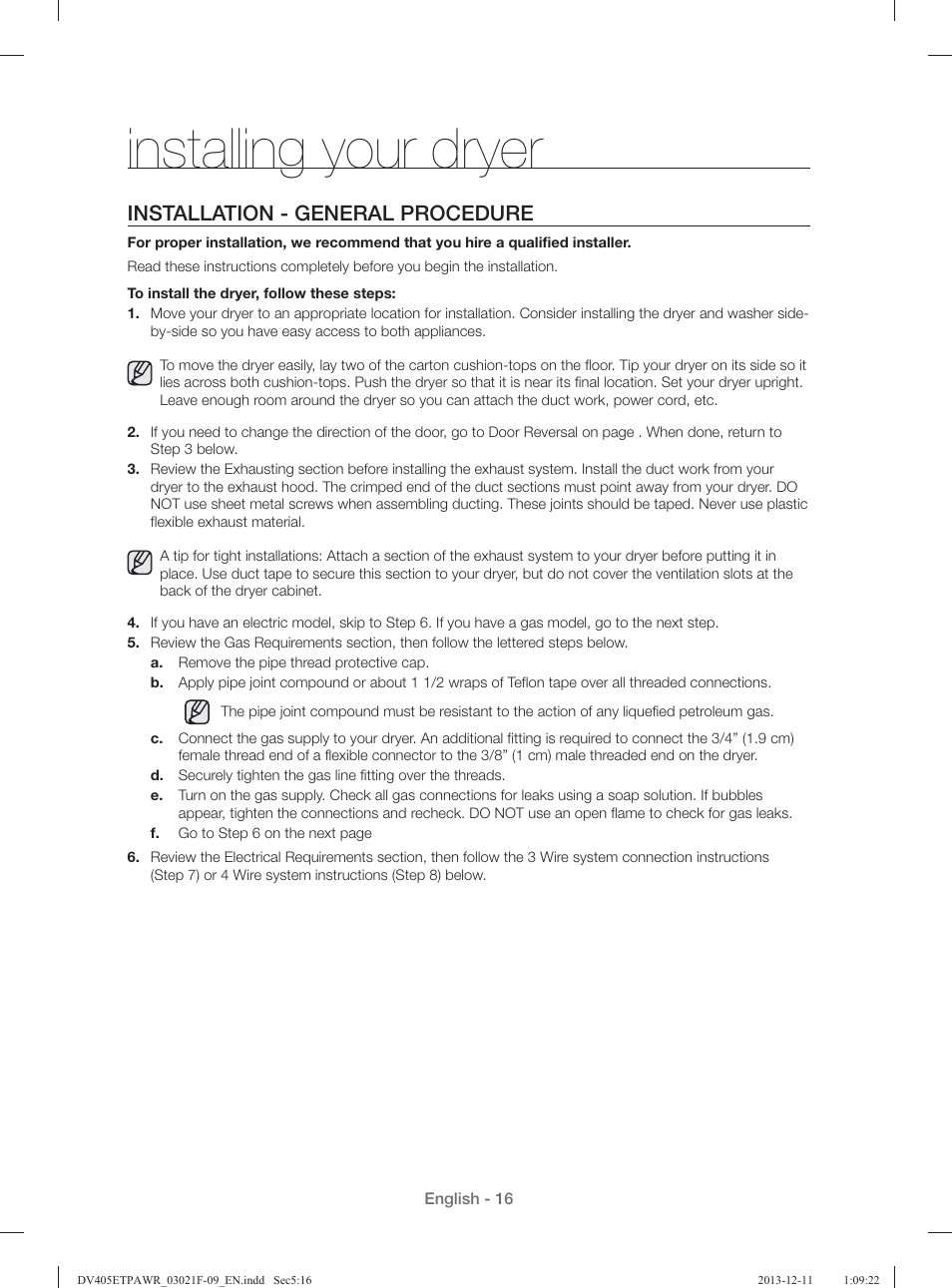 Installing your dryer, Installation - general procedure | Samsung DV393GTPAWR-A1 User Manual | Page 16 / 136