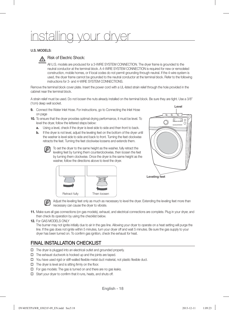 Installing your dryer, Final installation checklist | Samsung DV393GTPAWR-A1 User Manual | Page 18 / 136