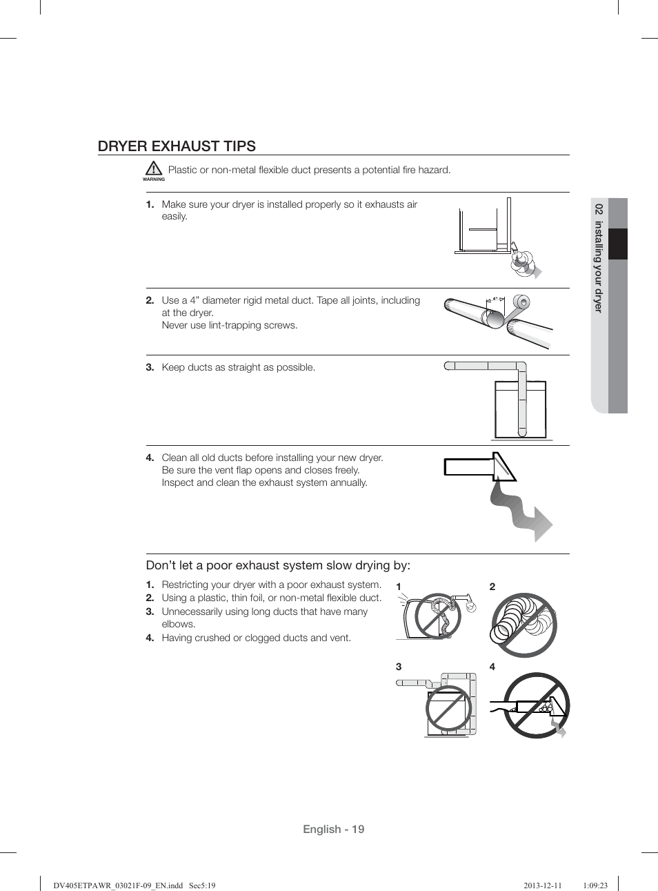 Dryer exhaust tips, Don’t let a poor exhaust system slow drying by | Samsung DV393GTPAWR-A1 User Manual | Page 19 / 136