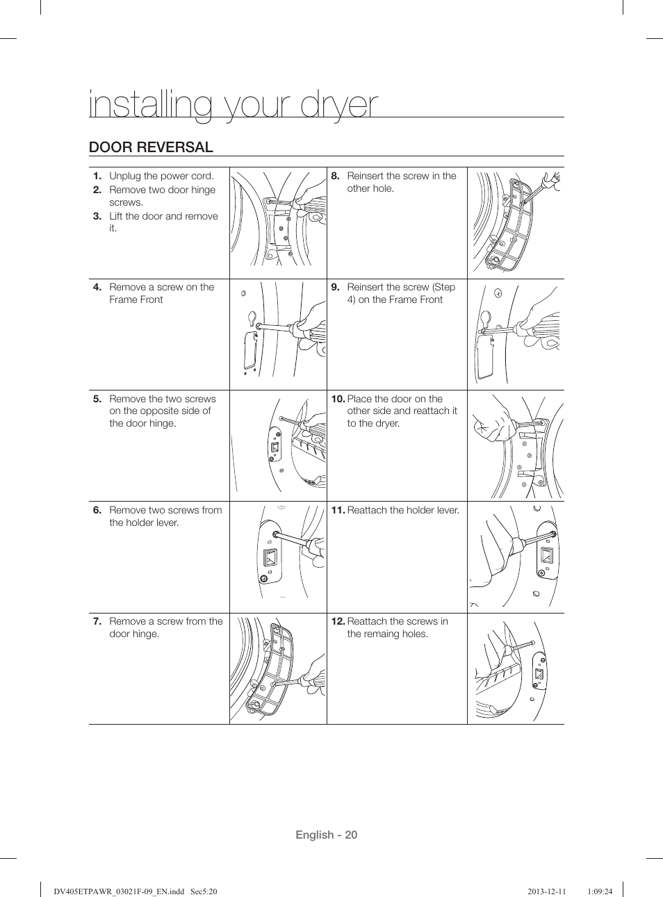 Installing your dryer, Door reversal | Samsung DV393GTPAWR-A1 User Manual | Page 20 / 136