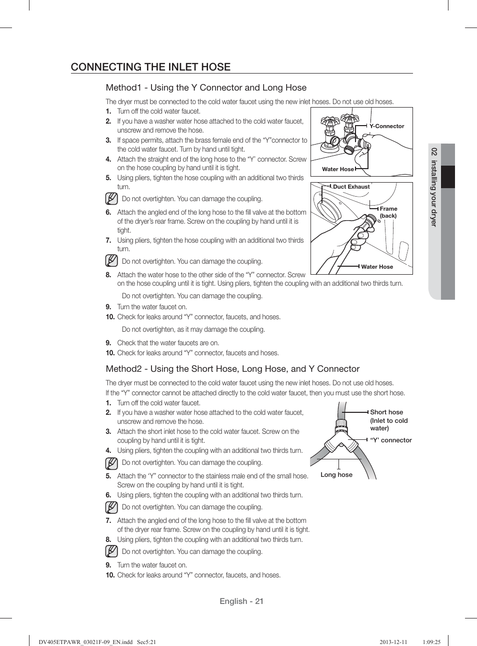 Connecting the inlet hose | Samsung DV393GTPAWR-A1 User Manual | Page 21 / 136