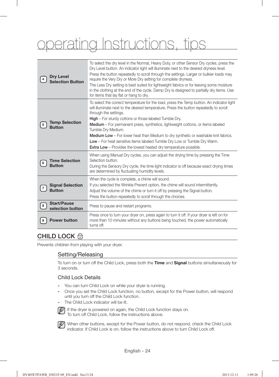 Operating instructions, tips, Child lock, Setting/releasing | Samsung DV393GTPAWR-A1 User Manual | Page 24 / 136