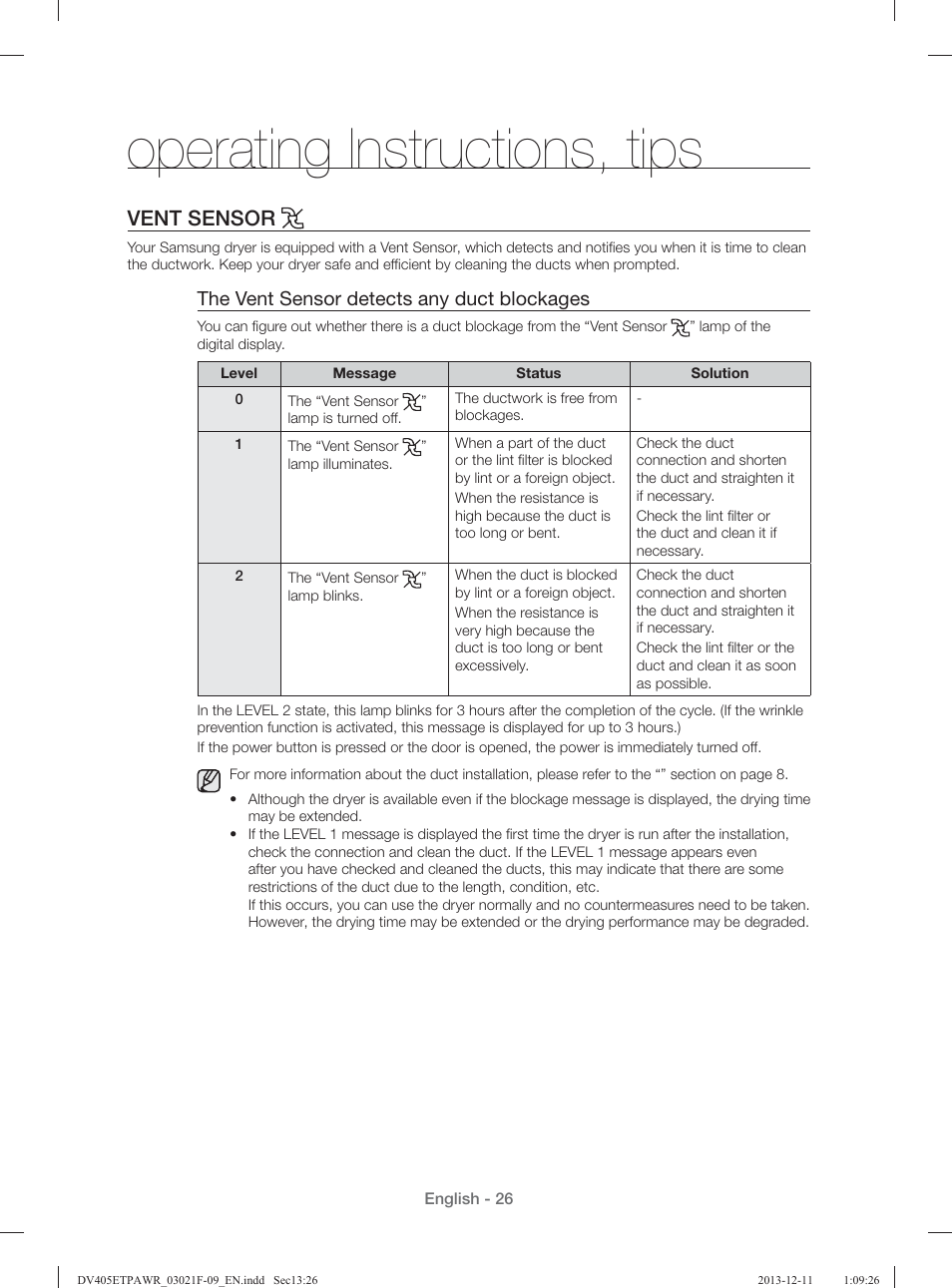 Operating instructions, tips, Vent sensor, The vent sensor detects any duct blockages | Samsung DV393GTPAWR-A1 User Manual | Page 26 / 136