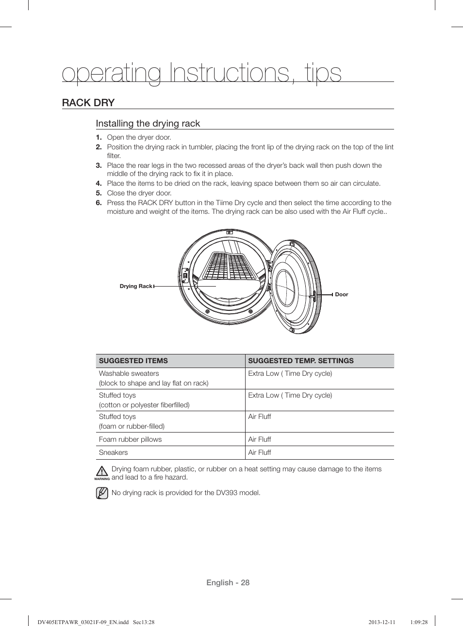 Operating instructions, tips, Rack dry, Installing the drying rack | Samsung DV393GTPAWR-A1 User Manual | Page 28 / 136