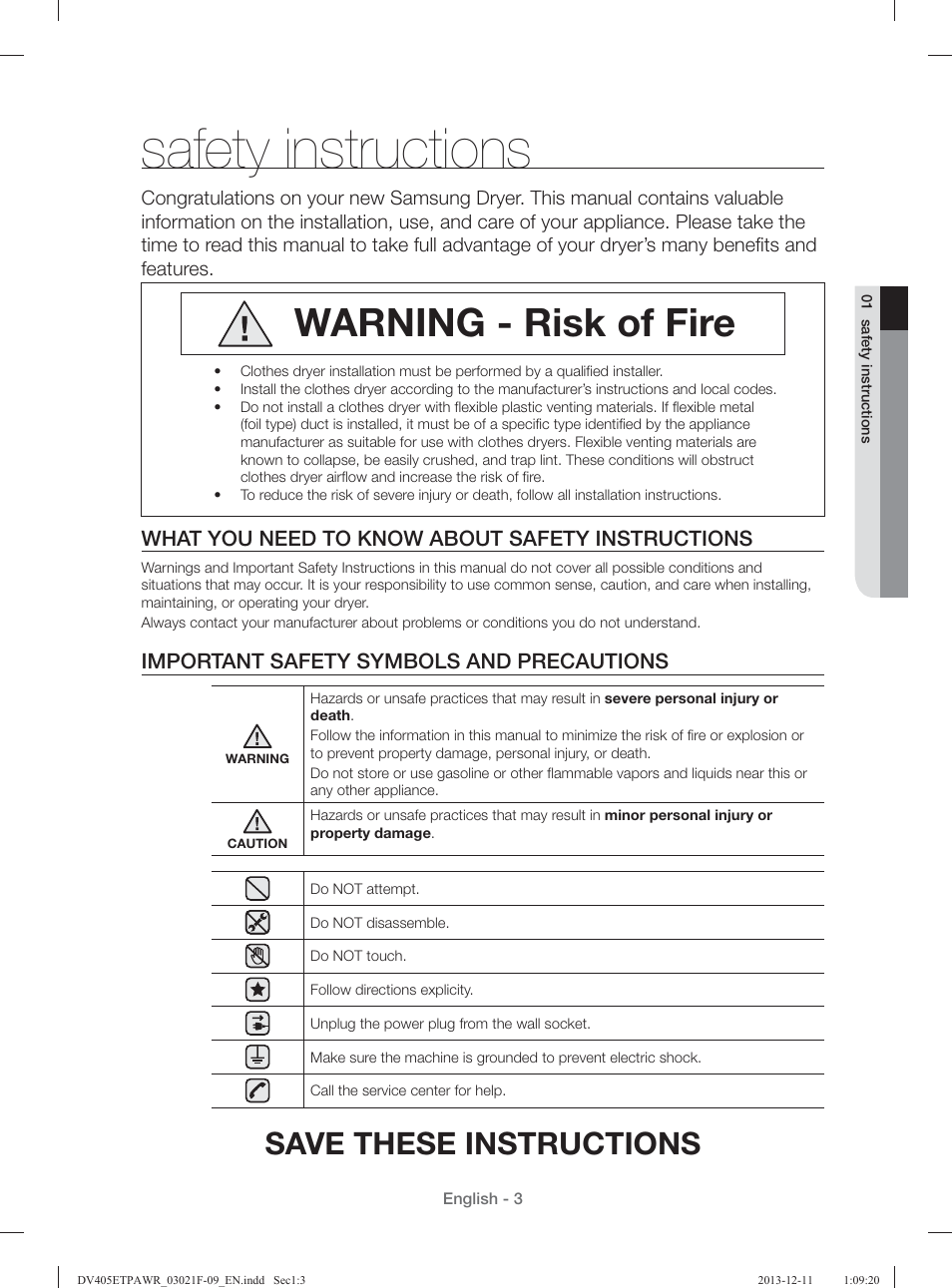 Safety instructions, Warning - risk of fire, Save these instructions | What you need to know about safety instructions, Important safety symbols and precautions | Samsung DV393GTPAWR-A1 User Manual | Page 3 / 136