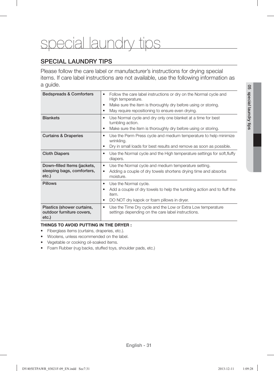 Special laundry tips | Samsung DV393GTPAWR-A1 User Manual | Page 31 / 136