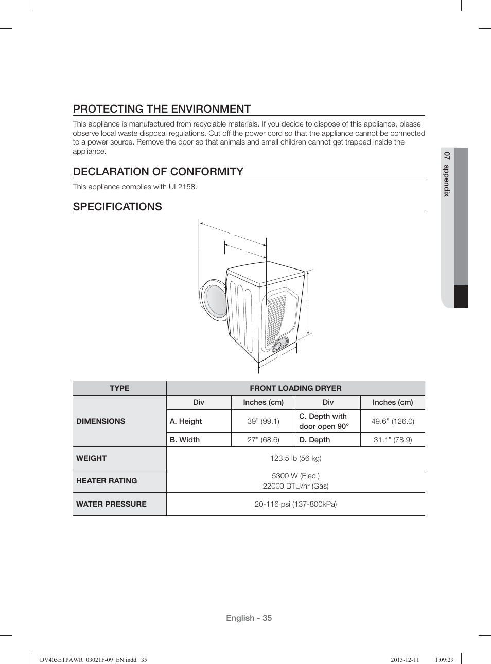 Protecting the environment, Declaration of conformity, Specifications | Samsung DV393GTPAWR-A1 User Manual | Page 35 / 136