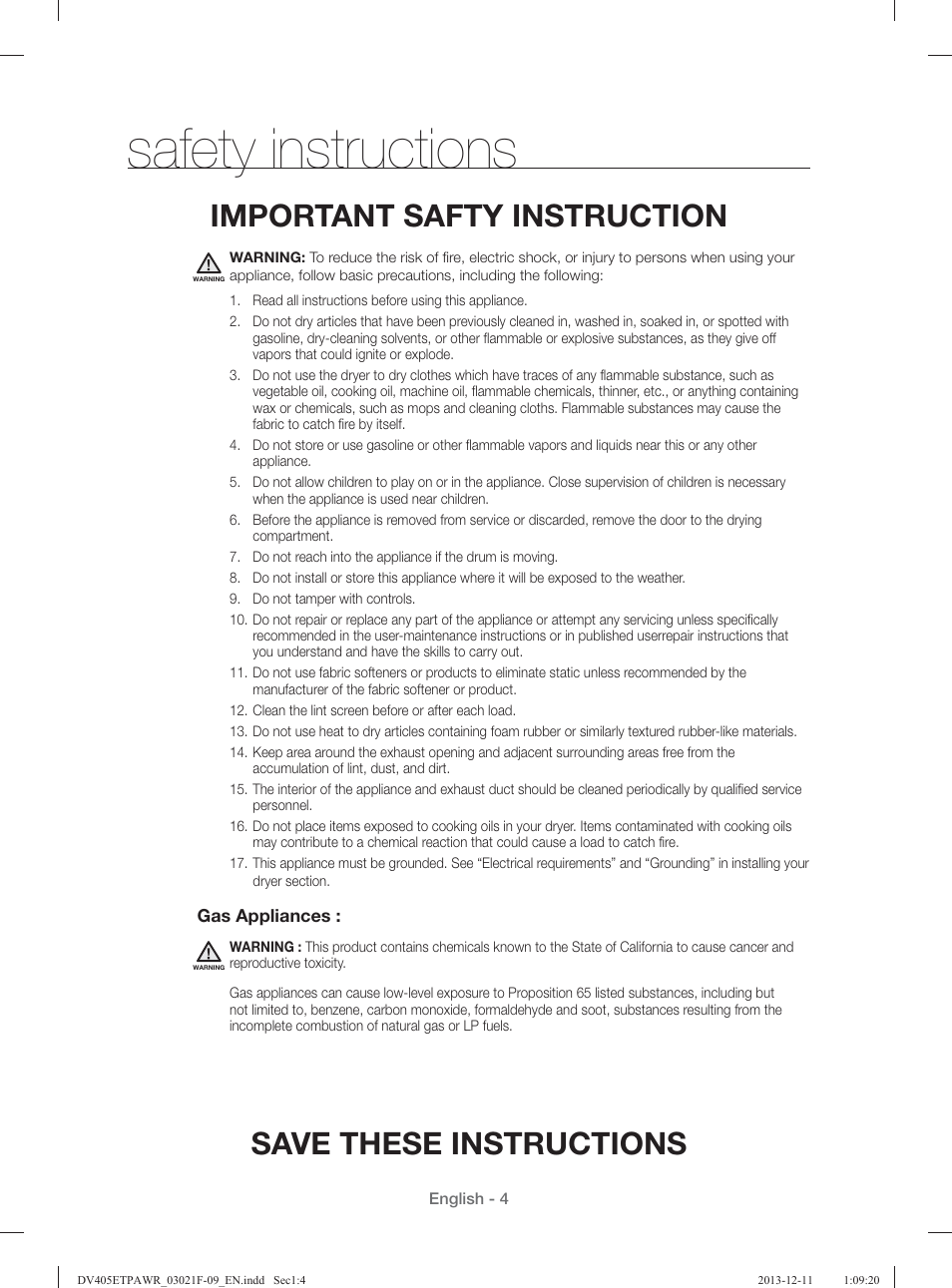 Safety instructions, Save these instructions, Important safty instruction | Samsung DV393GTPAWR-A1 User Manual | Page 4 / 136