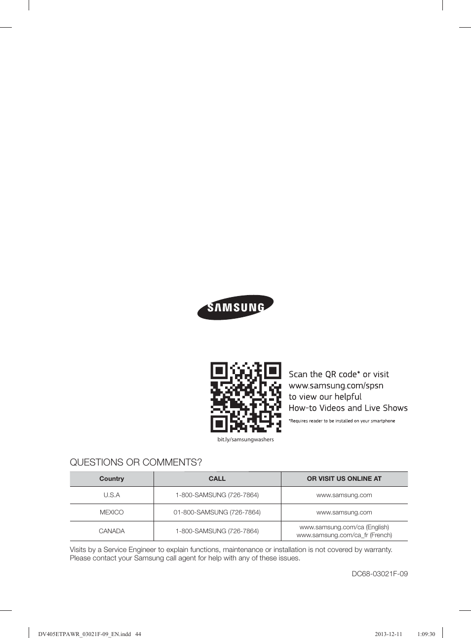 Questions or comments | Samsung DV393GTPAWR-A1 User Manual | Page 44 / 136