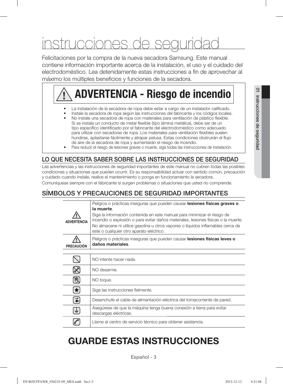 Instrucciones de seguridad, Advertencia - riesgo de incendio, Guarde estas instrucciones | Símbolos y precauciones de seguridad importantes | Samsung DV393GTPAWR-A1 User Manual | Page 47 / 136