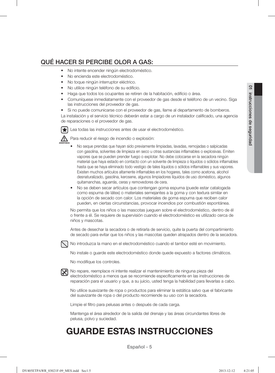 Guarde estas instrucciones, Qué hacer si percibe olor a gas | Samsung DV393GTPAWR-A1 User Manual | Page 49 / 136