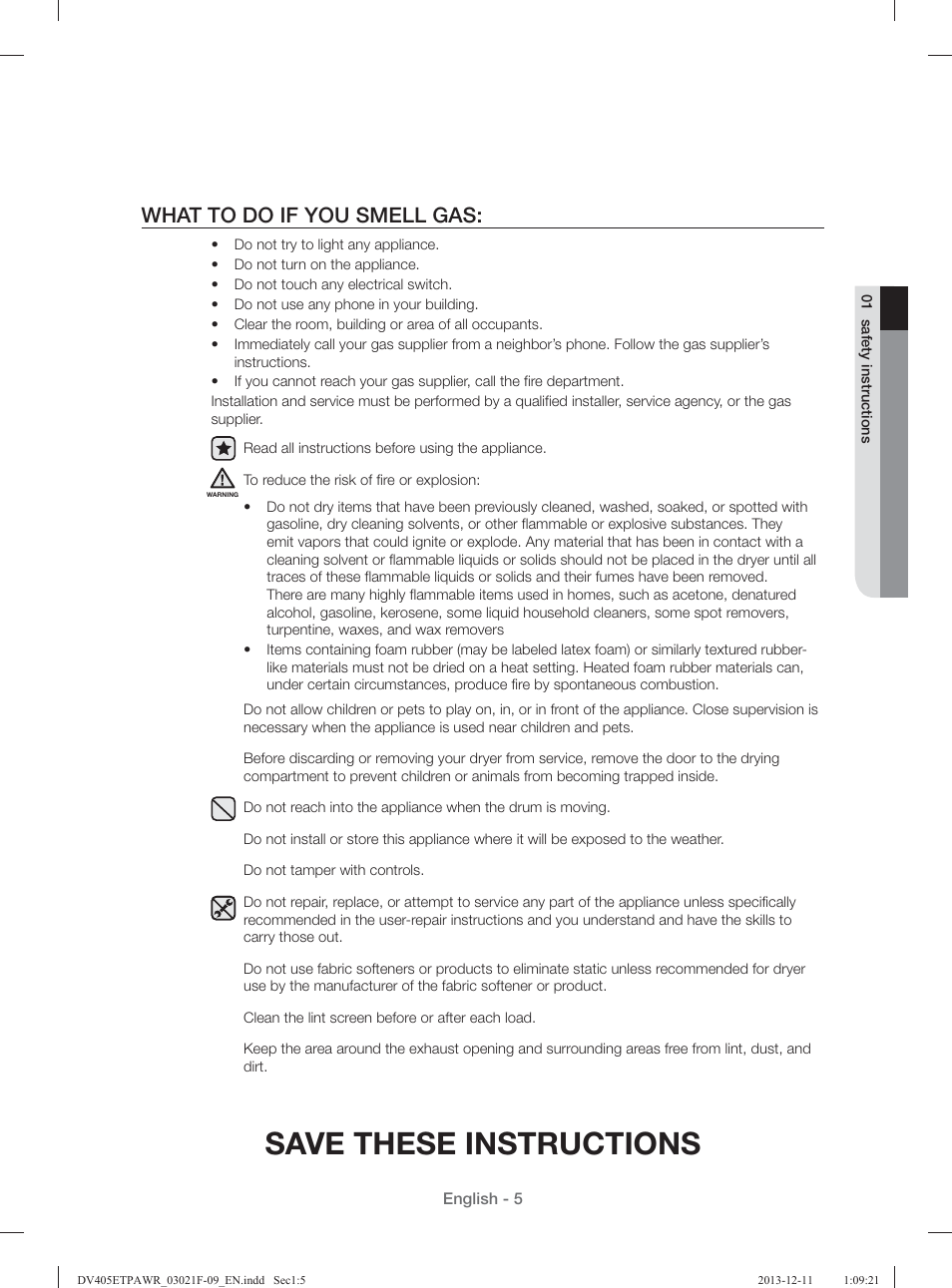 Save these instructions, What to do if you smell gas | Samsung DV393GTPAWR-A1 User Manual | Page 5 / 136