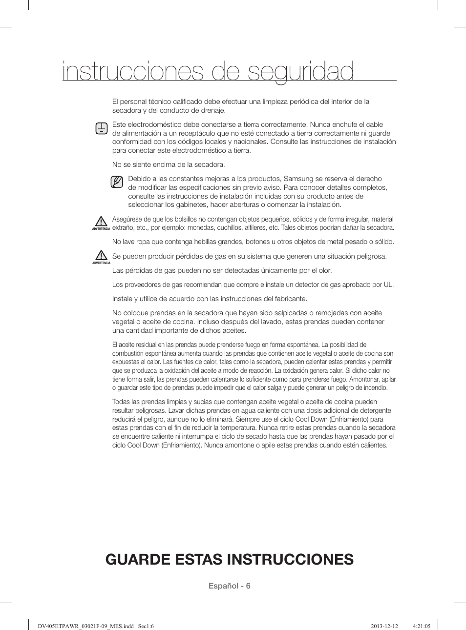 Instrucciones de seguridad, Guarde estas instrucciones | Samsung DV393GTPAWR-A1 User Manual | Page 50 / 136