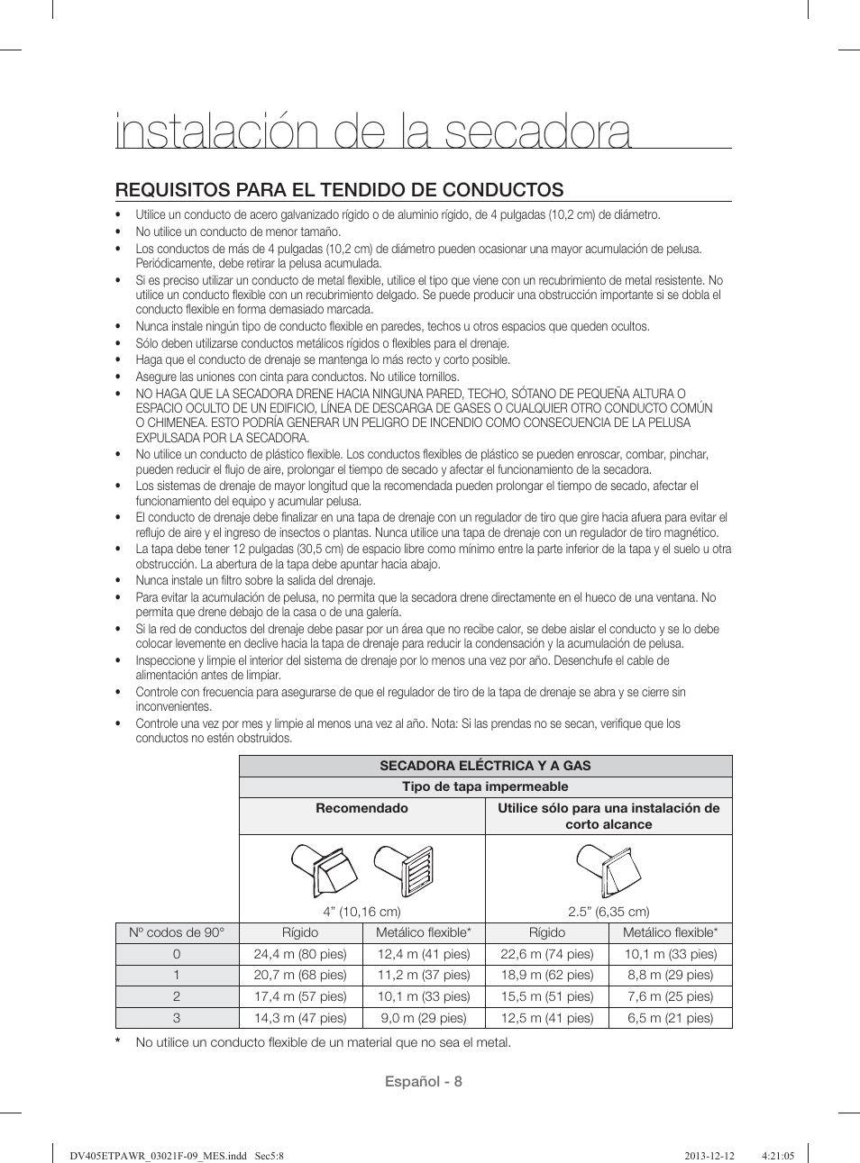 Instalación de la secadora, Requisitos para el tendido de conductos | Samsung DV393GTPAWR-A1 User Manual | Page 52 / 136