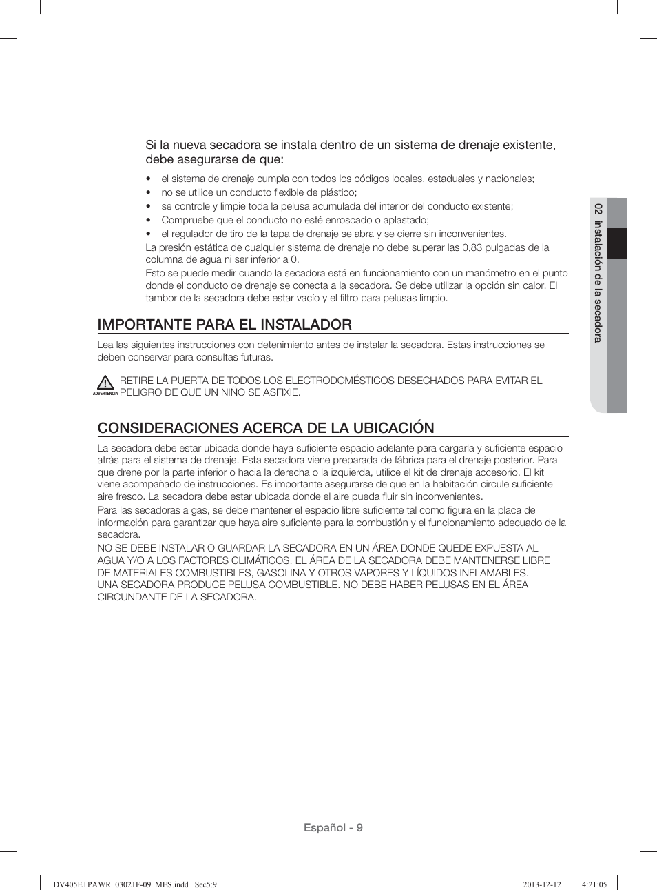 Importante para el instalador, Consideraciones acerca de la ubicación | Samsung DV393GTPAWR-A1 User Manual | Page 53 / 136