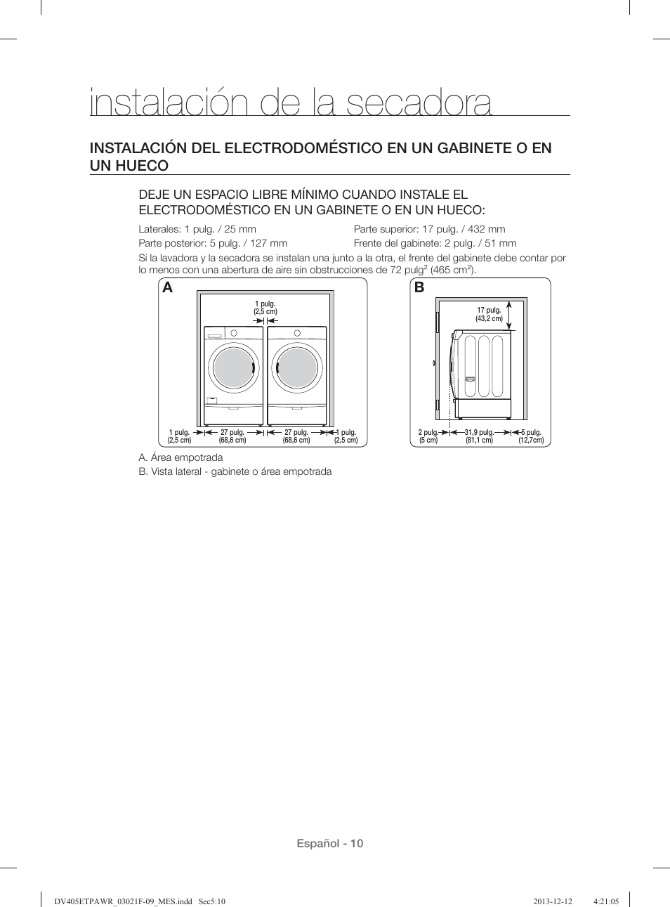 Instalación de la secadora | Samsung DV393GTPAWR-A1 User Manual | Page 54 / 136