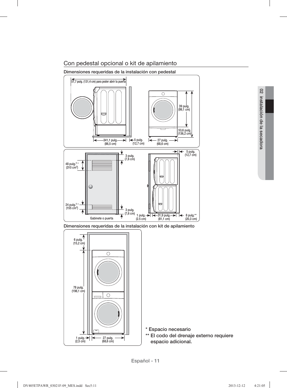 Con pedestal opcional o kit de apilamiento, Español - 11 | Samsung DV393GTPAWR-A1 User Manual | Page 55 / 136