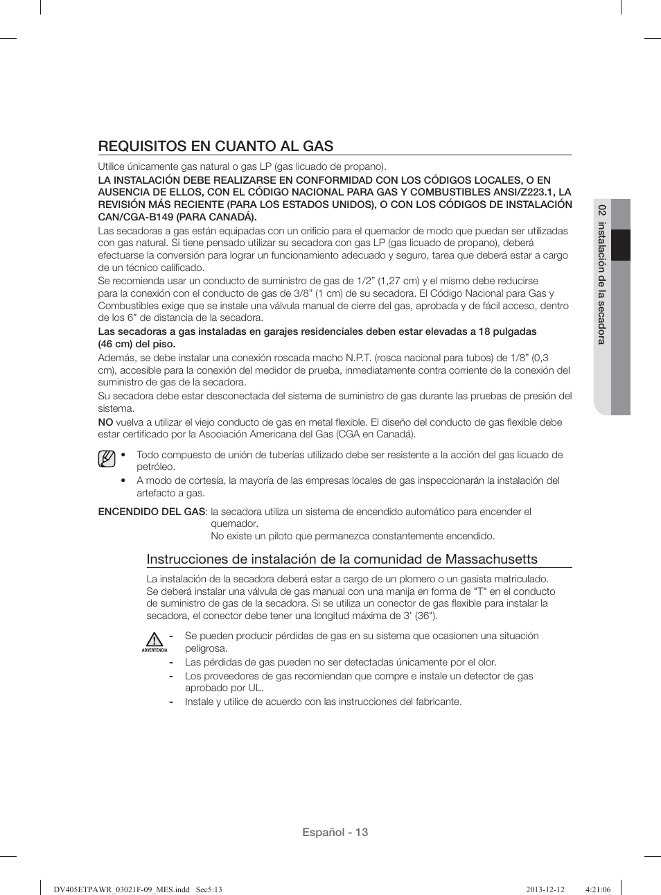 Requisitos en cuanto al gas | Samsung DV393GTPAWR-A1 User Manual | Page 57 / 136