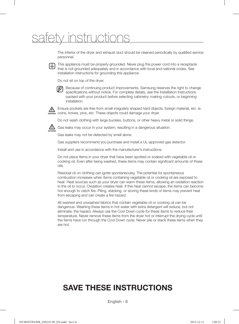 Safety instructions, Save these instructions | Samsung DV393GTPAWR-A1 User Manual | Page 6 / 136