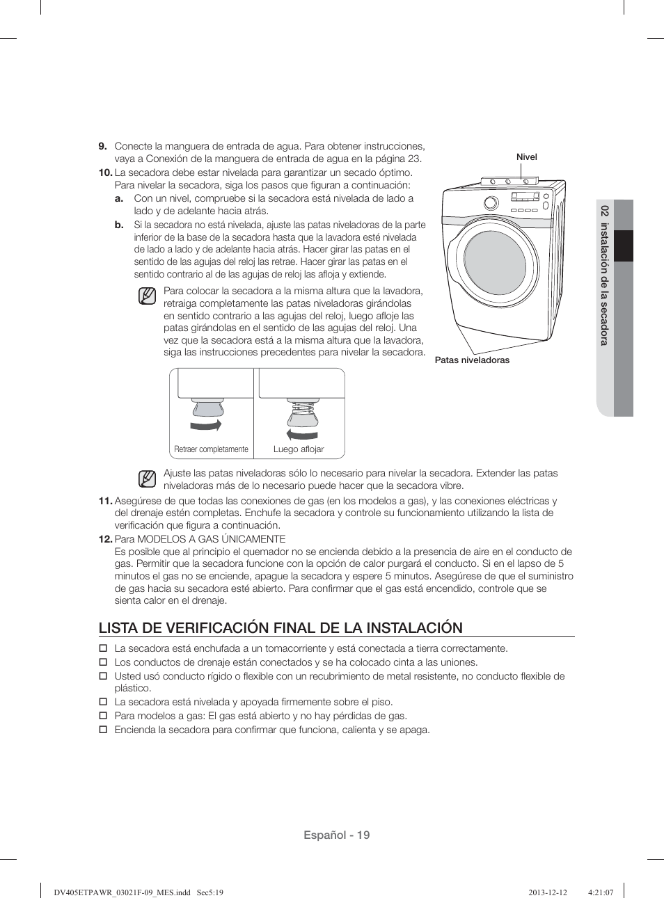 Lista de verificación final de la instalación | Samsung DV393GTPAWR-A1 User Manual | Page 63 / 136