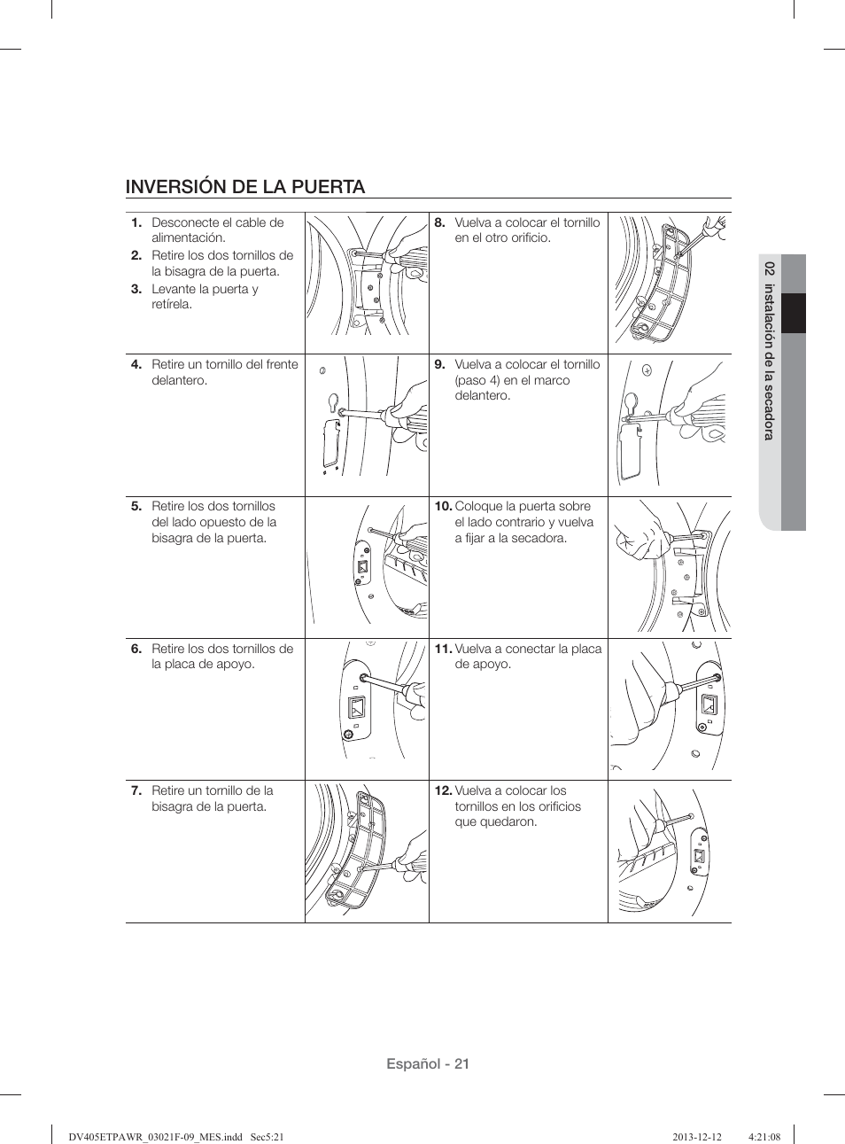 Inversión de la puerta | Samsung DV393GTPAWR-A1 User Manual | Page 65 / 136